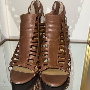 ME TOO Brown Genuine Leather "Sarah" Strappy Cage Wedge Sandals
